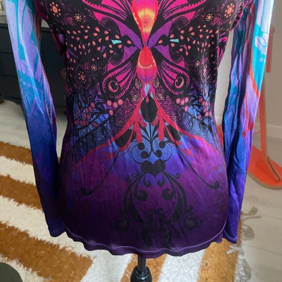 Custo Barcelona Long Sleeve Shirt Women's Size 8 Abstract Heart Artsy Butterfly - Picture 3 of 11